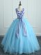 Light Blue V-neck Lace Up Appliques and Belt Ball Gown Prom Dress Sleeveless