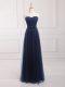 Designer Floor Length Navy Blue Bridesmaids Dress Tulle and Lace Sleeveless Belt