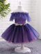 Knee Length Purple Kids Pageant Dress Off The Shoulder Short Sleeves Lace Up