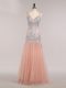 Peach Zipper Evening Dress Beading and Sequins Sleeveless Floor Length