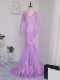 Lilac Mermaid Tulle V-neck Long Sleeves Lace and Appliques Side Zipper Mother Of The Bride Dress Brush Train