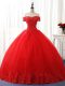 Fashion Off The Shoulder Sleeveless Lace Up Sweet 16 Quinceanera Dress Red Tulle