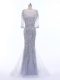 Fashion Silver Zipper Prom Evening Gown Beading 3 4 Length Sleeve Brush Train