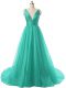 Turquoise A-line V-neck Sleeveless Organza Brush Train Backless Ruching Prom Evening Gown