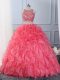 New Style Hot Pink Sleeveless Floor Length Beading and Ruffles Lace Up Quinceanera Gown