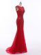 Sleeveless Tulle Brush Train Zipper Evening Party Dresses in Red with Beading