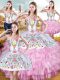 Colorful Sweetheart Sleeveless Quinceanera Gowns Floor Length Embroidery and Ruffled Layers Rose Pink Organza and Taffeta