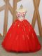 Artistic Embroidery and Ruffled Layers Ball Gown Prom Dress Red Lace Up Sleeveless Sweep Train