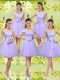 Glittering Lilac A-line V-neck Sleeveless Tulle Knee Length Lace Up Lace and Belt Quinceanera Court Dresses
