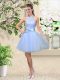 Adorable Lavender Sleeveless Lace and Belt Knee Length Wedding Guest Dresses