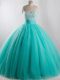 Discount Turquoise Ball Gowns Strapless Sleeveless Tulle Floor Length Lace Up Beading Vestidos de Quinceanera