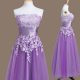 Fantastic Sleeveless Tulle Tea Length Lace Up Wedding Guest Dresses in Lavender with Appliques