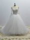 White Tulle Lace Up Wedding Gown Long Sleeves Brush Train Beading