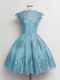 Exquisite Aqua Blue Lace Up Bridesmaids Dress Lace Cap Sleeves Knee Length