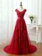 Chic Cap Sleeves Brush Train Lace Up Lace and Appliques Prom Party Dress