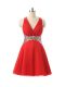 Beauteous Mini Length Criss Cross Pageant Dress for Girls Red for Prom and Party and Sweet 16 with Beading