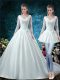 Low Price V-neck 3 4 Length Sleeve Wedding Dresses Chapel Train Lace and Belt White Satin