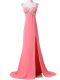 Watermelon Red Prom Gown Prom and Military Ball and Sweet 16 with Beading and Appliques Sweetheart Cap Sleeves Brush Train Zipper