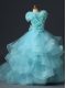 Elegant Floor Length Lace Up Little Girls Pageant Dress Aqua Blue for Wedding Party with Ruffles and Hand Made Flower