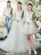White V-neck Zipper Lace Wedding Gown Court Train 3 4 Length Sleeve