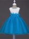 Sleeveless Knee Length Lace and Hand Made Flower Zipper Kids Formal Wear with Baby Blue