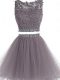 Fine Mini Length Grey Evening Dress Tulle Sleeveless Beading and Lace and Appliques