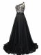 Best Selling Black Chiffon Side Zipper Evening Dresses Sleeveless Brush Train Beading and Lace