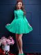 Super Turquoise Chiffon Lace Up Scalloped 3 4 Length Sleeve Mini Length Quinceanera Dama Dress Beading and Lace and Appliques