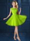 Artistic Cap Sleeves Knee Length Lace and Appliques Lace Up Bridesmaids Dress with Yellow Green