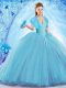 Modern Baby Blue Lace Up Quinceanera Gown Beading Sleeveless Sweep Train