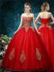 Red Sleeveless Floor Length Appliques Lace Up Wedding Dress
