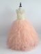 Sleeveless Tulle Floor Length Zipper Kids Pageant Dress in Peach with Appliques and Ruffles