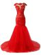 Charming Red Mermaid Scoop Cap Sleeves Tulle Brush Train Zipper Lace and Appliques and Ruching Homecoming Dress