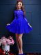 Graceful 3 4 Length Sleeve Chiffon Mini Length Lace Up Wedding Guest Dresses in Blue with Beading and Lace and Appliques