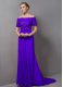 Short Sleeves Lace Zipper Mother of Groom Dress with Purple Sweep Train