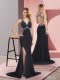 Delicate Sleeveless Chiffon Brush Train Criss Cross Celebrity Inspired Dress in Black with Beading