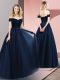 Trendy A-line Prom Dresses Navy Blue Off The Shoulder Tulle Sleeveless Floor Length Lace Up
