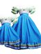 Glittering Short Sleeves Floor Length Pick Ups Lace Up Quinceanera Gowns with Baby Blue