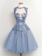 Dynamic Knee Length Light Blue Quinceanera Court Dresses Chiffon Sleeveless Lace