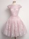 Popular Baby Pink A-line Lace Scalloped Cap Sleeves Lace Knee Length Lace Up Dama Dress for Quinceanera