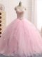 Lace Up Quinceanera Gowns Baby Pink for Military Ball and Sweet 16 and Quinceanera with Beading and Ruffles Brush Train