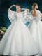 Floor Length White Wedding Gown Scoop Half Sleeves Lace Up