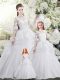 Sophisticated Tulle Scoop Half Sleeves Sweep Train Lace Up Lace and Ruffles Quinceanera Dresses in White