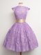 Lavender Lace Up Bridesmaid Dresses Belt Cap Sleeves Knee Length