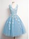 Hot Selling Sleeveless Tulle Knee Length Lace Up Quinceanera Court Dresses in Light Blue with Appliques