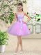 Traditional Lilac A-line Organza Off The Shoulder Sleeveless Lace and Belt Knee Length Lace Up Quinceanera Court Dresses