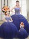 Popular Tulle Strapless Sleeveless Lace Up Beading Vestidos de Quinceanera in Royal Blue