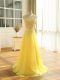 Yellow Empire Chiffon Scoop Sleeveless Lace and Appliques Floor Length Zipper Womens Evening Dresses