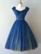 Knee Length A-line Cap Sleeves Blue Dama Dress for Quinceanera Lace Up