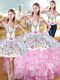 Rose Pink Sleeveless Floor Length Embroidery and Ruffled Layers Lace Up 15th Birthday Dress